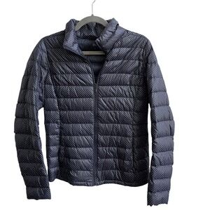 Uniqlo Ultra Light Down Jacket Womens S Navy Polka Dot Puffer Full Zip Packable